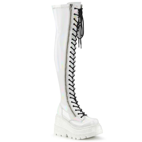 Demonia Shaker-374 Hologram Stretch Lakkbőr Női Térd Feletti Csizma Fehér | VWAR-Ⅴ