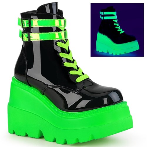 Demonia Shaker-52 Lakkbőr-UV Neon Női Bokacsizma Zöld Fekete | HVDK-Ⅴ