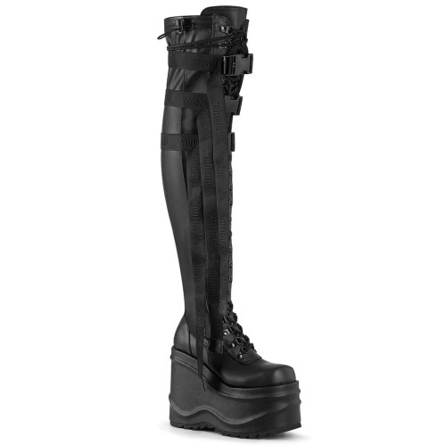 Demonia Wave-315 Stretch Vegan Bőr Női Térd Feletti Csizma Fekete | VHWD-Ⅺ