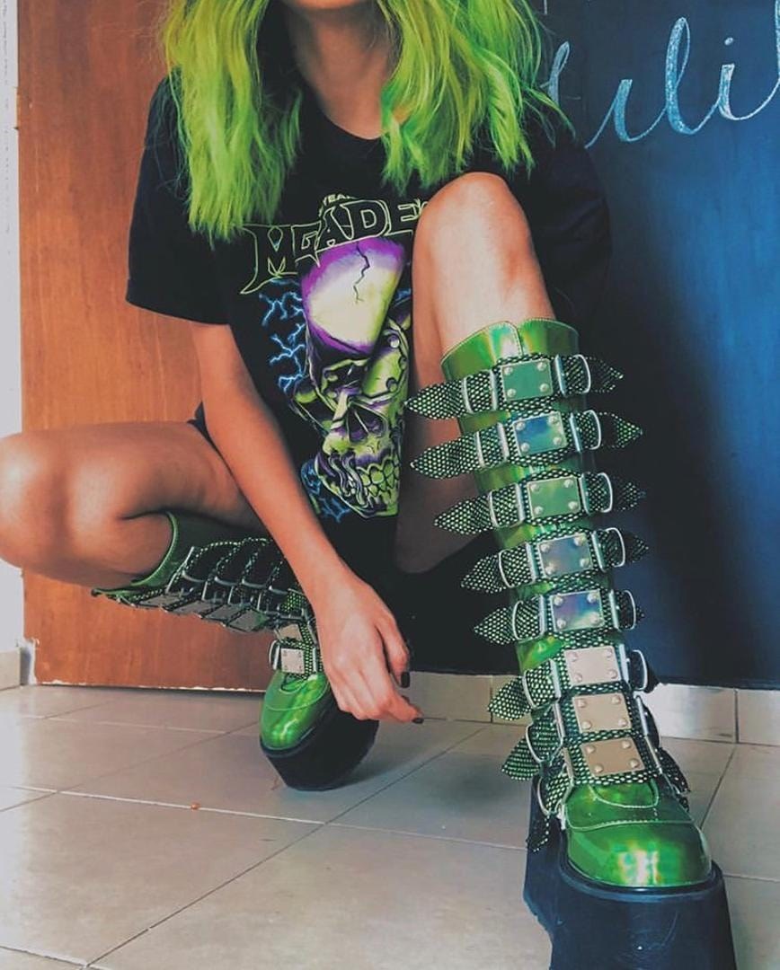 Demonia Damned-318 Hologram Vegan Bőr Női Térdig Érő Csizma Zöld | RQHN-Ⅲ