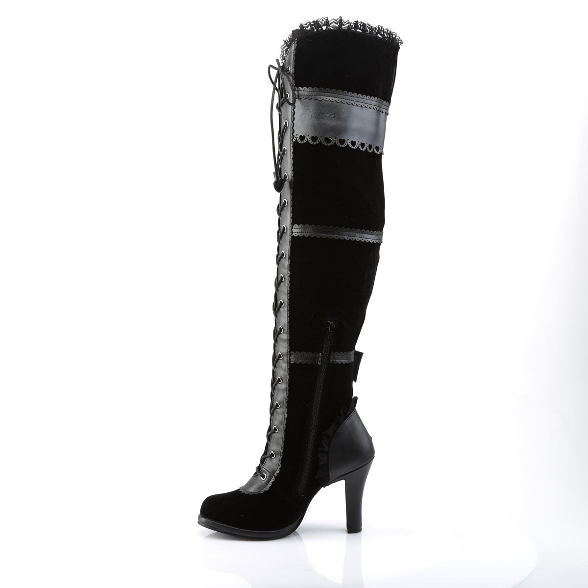 Demonia Glam-300 Vegan Bőr-Velvet Női Térd Feletti Csizma Fekete | XPVI-Ⅺ